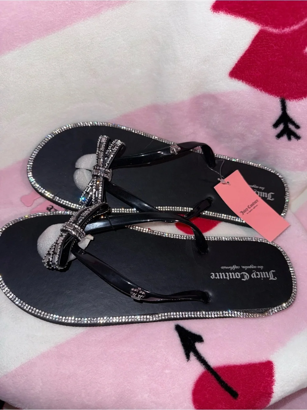 NWT Juicy Couture Black Jewel Bow Thong Sandals, Size 11